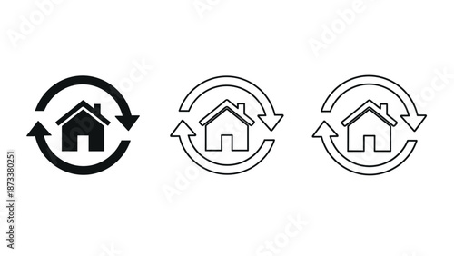 Set of real estate house icons with circular arrows representing property exchange renovation recycling or moving house in various graphic styles.