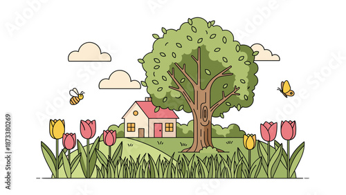 Charming vector illustration of a cozy small house nestled in a green field with a large tree colorful tulips bees and butterflies under clouds.