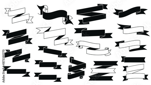 Comprehensive collection of ribbon banner templates in black and white styles with folded curled and arched shapes for labels and decorative titles.