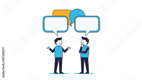Illustration of two men engaged in a discussion with empty speech bubbles showing one person looking uncertain and the other deep in thought.