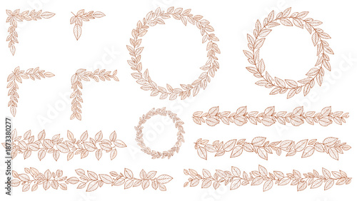 Set of elegant copper colored floral design elements including wreaths leaf borders and corners with a hand drawn sketch texture for invitations.