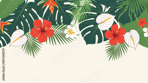 Lush tropical flower header featuring green palm leaves red hibiscus and white anthuriums creating a rich botanical background for summer themes.