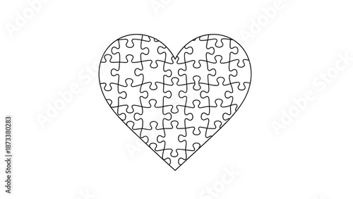 Outline heart shape made of interlocking puzzle pieces represents love, connection, partnership, and finding the right match.
