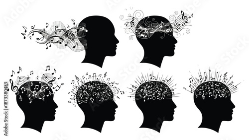 Musical thoughts silhouettes of heads filled with flowing musical notes