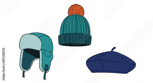 Winter Hat Collection Featuring an Earflap Cap, a Beanie with a Pom-Pom, and a Beret for Cold Weather Outfits and Fashion Accessories in Seasonal Illustrations for Style and Appare.