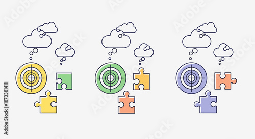 Colorful targets with jigsaw puzzles and thought bubbles represent strategic planning and problem-solving in business, marketing, and innovation solutions for creative projects.