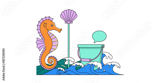 Whimsical Seahorse by Ocean Waves with Bucket and Seashell Illustrates Colorful Beach Scene for Summer Fun and Creativity in Children's Art, Marketing Graphics, and Seaside Decorat.