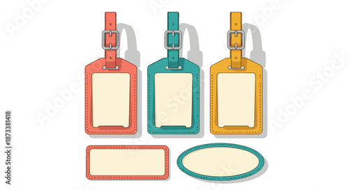 Colorful luggage tags provide travel identification and personalization for vacation, business trip, cruise, and transportation with rectangle and oval frames in vector illustratio.