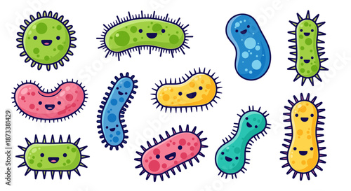 Cute Germs and Bacteria Illustrations Represent Scientific Microorganisms for Educational or Medical Purposes, Featuring Happy Faces and Vibrant Colors in Cartoon Style, Great.