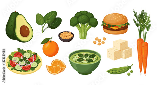 Nutritious Vegan Meal: A vibrant assortment of plant-based foods includes avocado, spinach, broccoli, salad, orange, soup, tofu, peas and carrots for a healthy vegetarian lifestyle.