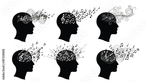 Musical thoughts silhouettes of heads with flowing musical notes and symbols