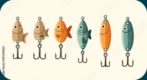 Cartoon Fishing Lures in a Row for Recreational Fishing, Catching Fish, and Angling: Diverse Bait Collection for Fishermen, Illustrative Graphic Element, and Vector Design Resource.