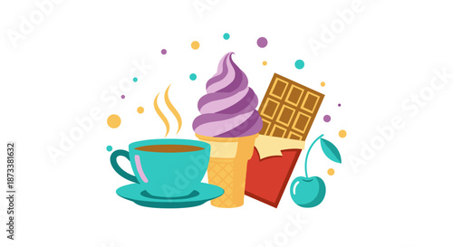 Indulge in Sweet Treats: Coffee, Ice Cream Cone, Chocolate Bar, and Cherry Delightfully Composed for Dessert Lovers, Food Advertisements, Cafe Promotions, and Creative Presentation.