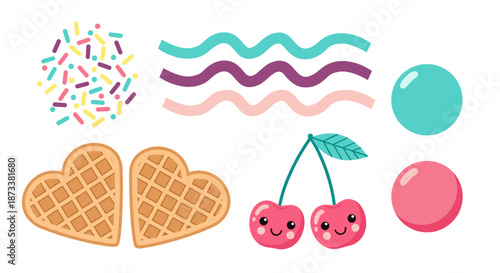 Sweet treats illustration set including waffles, cherries, candies and sprinkles that brings joy and deliciousness to food presentations and website designs for bakers and confecti.