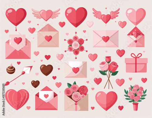 Flat illustration of Valentine’s Day elements such as hearts, love letters and roses