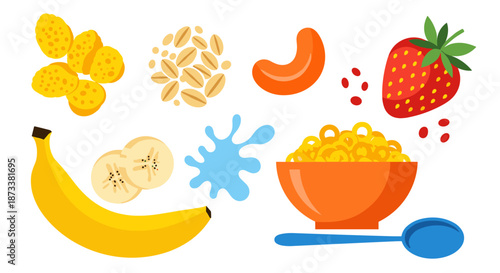 Delicious breakfast cereal with banana, strawberry, milk splash, oats and cashew provides a tasty, healthy food choice for nutrition, diet and a balanced lifestyle.