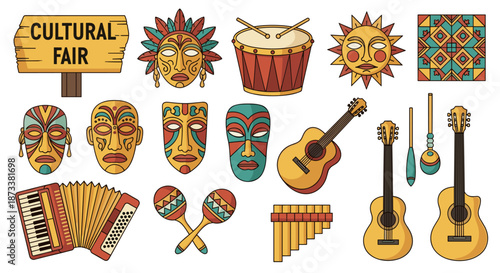 Vibrant cultural fair scene showcases musical instruments like guitars and accordions alongside tribal masks, evoking diverse heritage and global celebration for international unit.