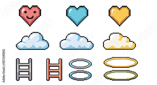 Pixelated Game Elements Isolated on White: Hearts, Clouds, Ladders & Rings in 8-Bit Style, Perfect for Retro Gaming, App Development & Digital Art with Nostalgic Visuals and Playfu.