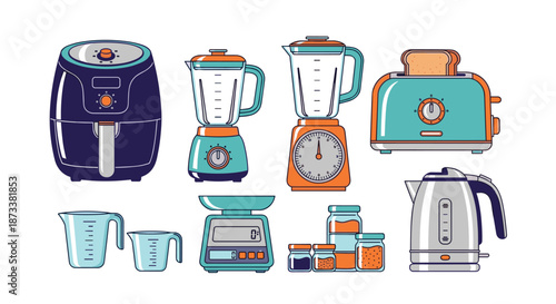 Illustrated kitchen appliances, including an air fryer, blenders, toaster, kettle, measuring cups, food scale, and spice jars, offer an array of options for home cooking and baking.