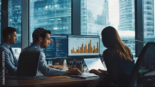 Business team analyzing financial data on computer screens in modern office overlooking city skyline.