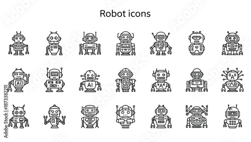 Collection of diverse robot icons in a simple outlined black and white style