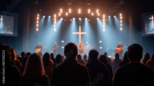 Wide shot of stage with cross and audience watching live worship band.