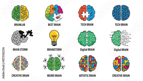 Illustrations of diverse brain concepts creativity technology and neurological processes