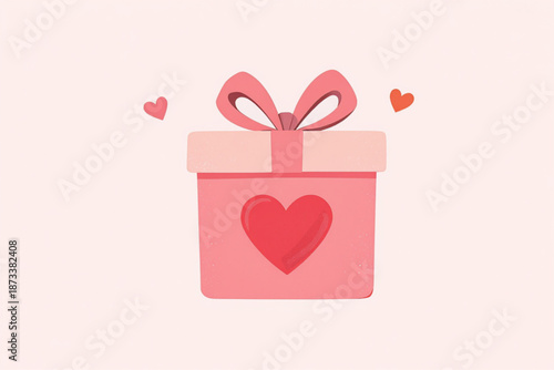 A minimalist Valentine's Day illustration featuring a gift box with a heart symbol, flat design, and soft pins