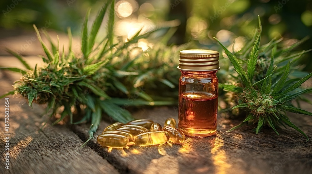 Fototapeta premium Cannabis plants and buds arranging around a glass bottle of cbd oil extract and softgel capsules on a rustic wooden surface in warm natural light, symbolizing herbal medicine and wellness