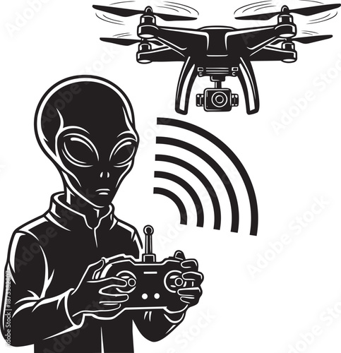 Alien pilot controlling modern quadcopter drone with remote transmitter and wireless connection