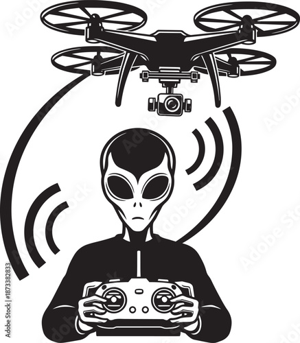 Alien piloting drone with remote controller sending radio signal waves vector art