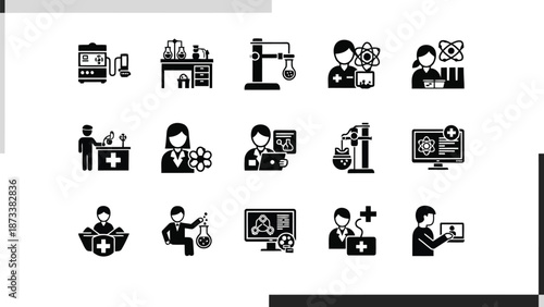 A collection of various black icons representing medical research and healthcare professionals