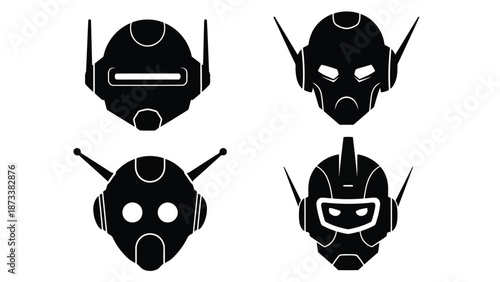 Four distinct robot head designs presented in a minimalist black and white style