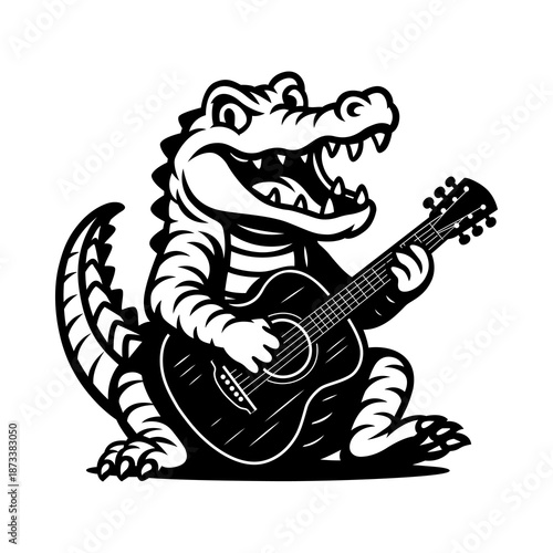 Alligator Playing Guitar Black and White Cartoon Illustration for Music Mascot, Fun Character, Band Design and Creative Branding