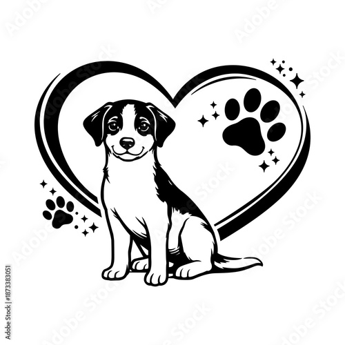 Cute Puppy Inside Heart with Paw Prints Black and White Illustration for Pet Love, Animal Care, Adoption and Emotional Design