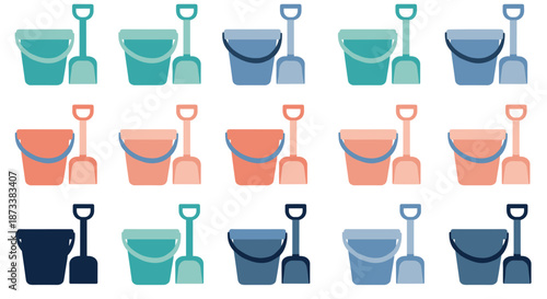 Colorful Buckets and Shovels Pattern Vector Illustration: Summertime fun and enjoyment with toys for the beach, a bright and cheerful design for kids and playfulness using simple s.
