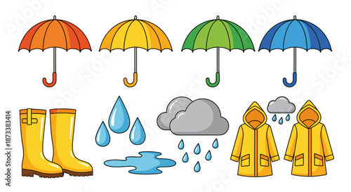 Rainy Weather Gear Collection: Colorful umbrellas, yellow raincoats, and boots offer protection during stormy conditions; ideal for weather forecasting, teaching resources, and sea.