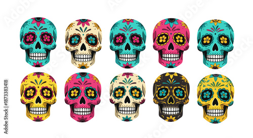 Colorful Sugar Skulls Represent Day of the Dead Celebrations: Vibrant painted skulls in various colors symbolize remembrance, culture, and vibrant traditions for Dia de los Muertos.