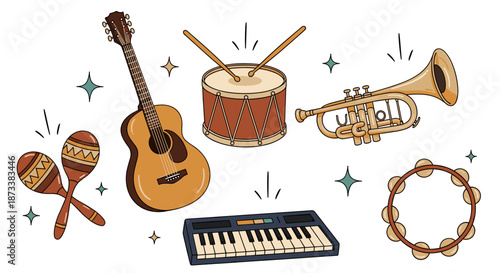 Musical Instruments Illustration Collection: Featuring a vibrant guitar, drum set, trumpet, keyboard, maracas, and tambourine on white, perfect for creative music education and liv.