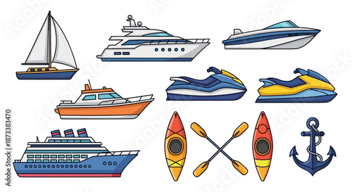 Vibrant water transportations and nautical vehicles showcase an anchor, cruise ship, motorboat, sailboat, jet skis, and kayak for maritime recreation, travel, and summer fun advent.
