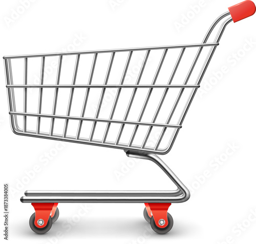 A silver shopping cart with red handles and wheels on a white background