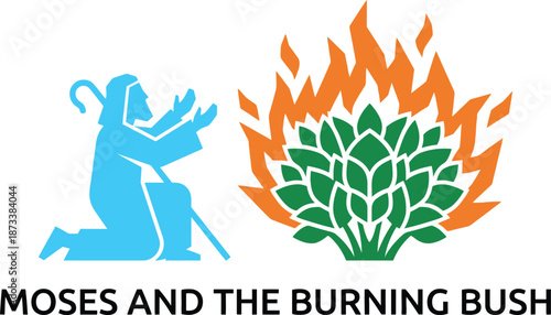 Biblical prophet moses kneeling in prayer before miraculous burning bush on mount horeb representing divine encounter with god and spiritual faith during ancient exodus story history.