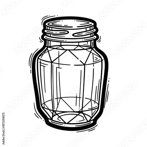Transparent glass jar with geometric design on white background  