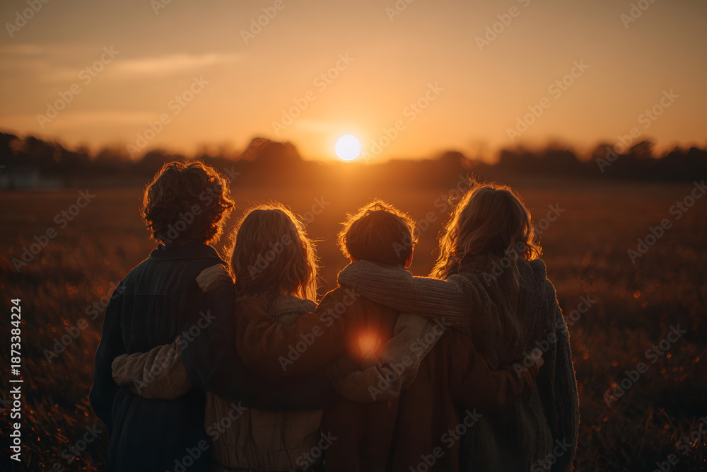 Naklejka premium A group of friends standing in silhouette against the backdrop of an open field, arms around each other's shoulders as they gaze towards a beautiful sunset Generative AI