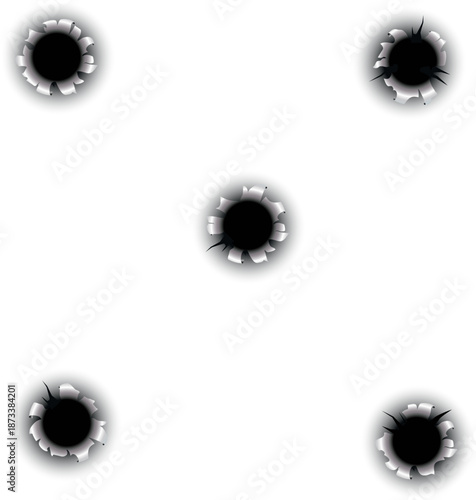 Five dark bullet holes scattered across a plain white background