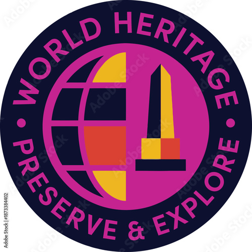 World heritage day badge with globe and obelisk monument for international travel tourism awareness and history preservation campaign icon representing global culture and ancient legacy.