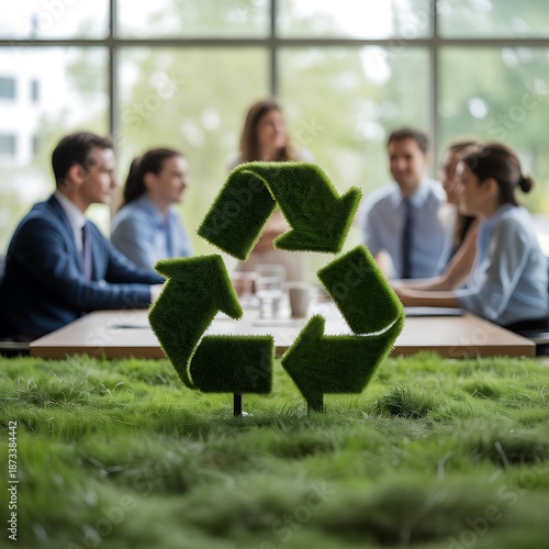 Business Team Meeting Around Green Recycling Symbol in Modern Office