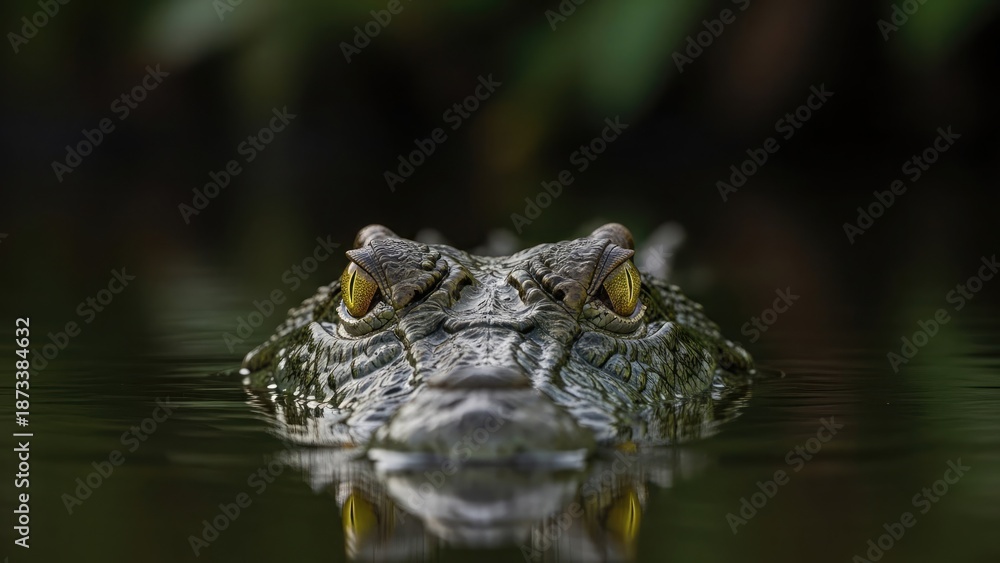 Fototapeta premium Crocodile's head peeking above water surface with eyes staring directly into the camera lens in a serene aquatic environment