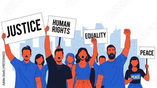 Diverse group of protesters advocating for justice, human rights, equality, and peace, raising their voices and signs in a powerful demonstration for social change