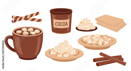 Delicious Hot Chocolate Treats with Marshmallows and Cocoa Powder for a Cozy Holiday Celebration, Featuring Whipped Cream, Cinnamon Sticks and Wafer Cookies, Perfect for Winter Rec.